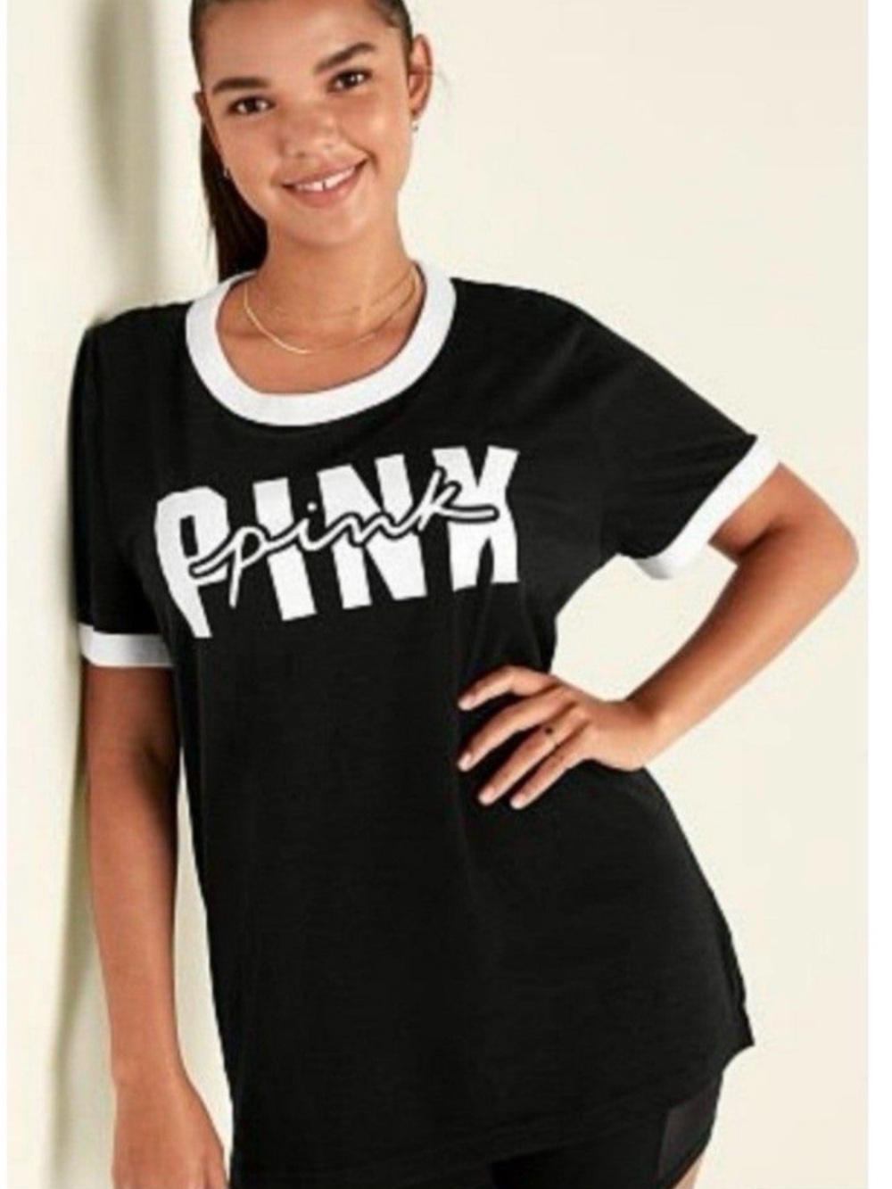 PINK Victoria's Secret Campus Ringer Black Tee sz-XL White and Black color